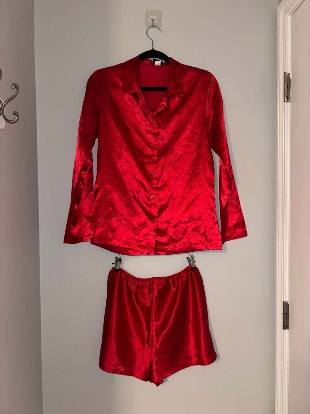 Frederick's of Hollywood Women's Red Satin Long Sleeve Button-Down Pajama Set